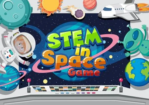 Poster design with astronaut and alien in control room Stock Illustration