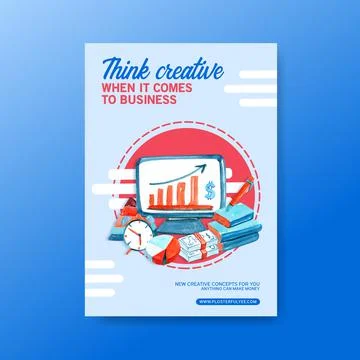 Poster design with clock, money, computer watercolor illustration. Stock-Illustration