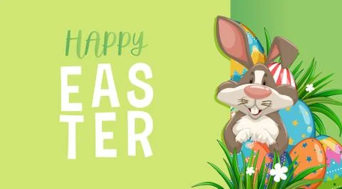 Poster design for easter with bunny and painted eggs Stock Illustration
