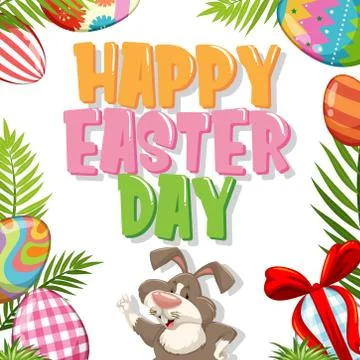 Poster design for easter with bunny and painted eggs Stock Illustration