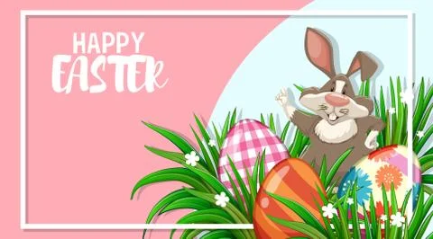 Poster design for easter with bunny and painted eggs in garden Stock Illustration