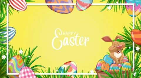 Poster design for easter with bunny and painted eggs in the garden Stock Illustration