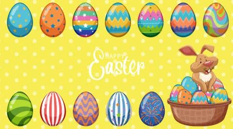 Poster design for easter with easter bunny and painted eggs in the basket Stock Illustration