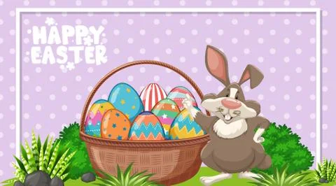 Poster design for easter with easter bunny and painted eggs in the garden Stock Illustration