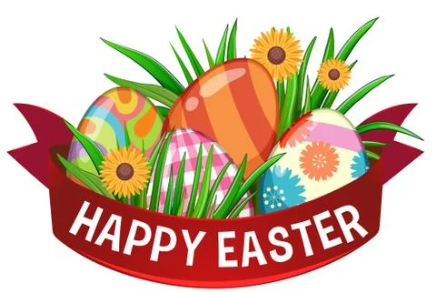 Poster design for easter with painted eggs and red ribbon Stock Illustration