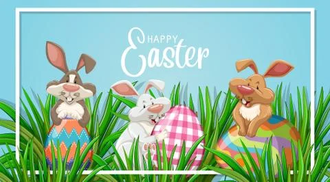 Poster design for easter with three bunnies and eggs in garden Stock Illustration