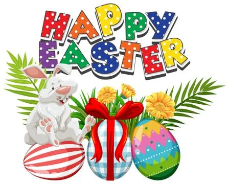 Poster design for easter with white bunny and decorated eggs Stock Illustration