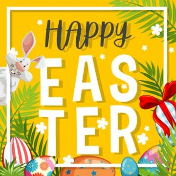 Poster design for easter with white bunny and painted eggs Stock Illustration