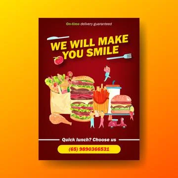 Poster design with food,burger,french fries,pizza watercolor painting illustr Stock Illustration