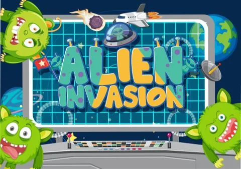 Poster design with many aliens in control room Stock Illustration
