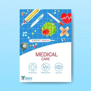 Poster design with tablets, syringe, thermometer watercolor illustration. Illustrazione stock