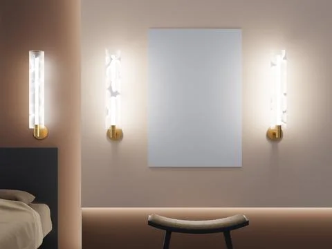 Poster design on the wall near the bed with a chair, lamps on the beige wall. Stock Illustration