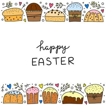 Poster with doodle colored Easter kulich cakes. イラスト素材