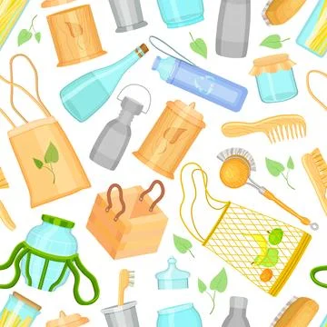 Poster with eco friendly concept, everyday eco goods, no plastic, no waste, at Illustrazione stock