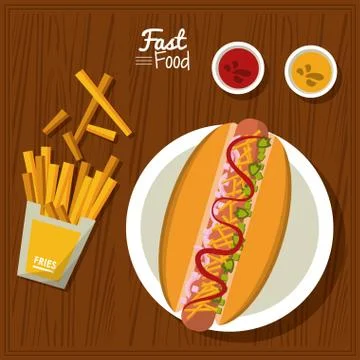 Poster fast food in kitchen table background with dish of hotdog and sauces and Illustrazione stock