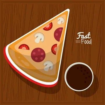 Poster fast food in kitchen table background with pizza portion and sauce Stock Illustration