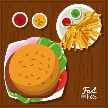 Poster fast food in kitchen table background with burger and sauces and fries 스톡 일러스트