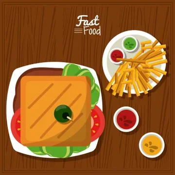 Poster fast food in kitchen table background with sandwich and sauces and fries Illustrazione stock