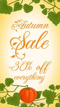 A poster featuring a ripe pumpkin on a bush with wavy green leaves. Light or Stock Illustration