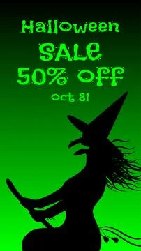 A poster featuring the silhouette of a witch flying on a broomstick. Black a Stock Illustration