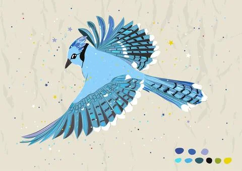 Poster with flight of the blue jay from new collection. Stock Illustration