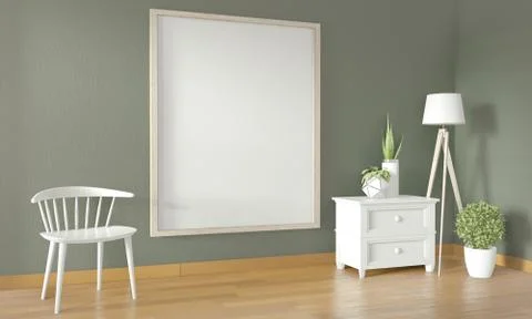 Poster frame on green wall and white chair and decoration minimal design.3D r Stock Illustration