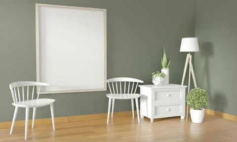 Poster frame on green wall and white chair and decoration minimal design.3D r Stock Illustration
