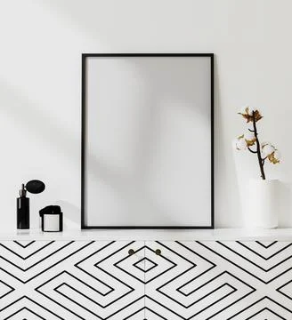 Poster frame mock up in bright modern interior with white wall, parfume, cand Stock Illustration