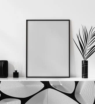 Poster frame mock up in bright modern interior with white wall, parfume, cand Stock Illustration