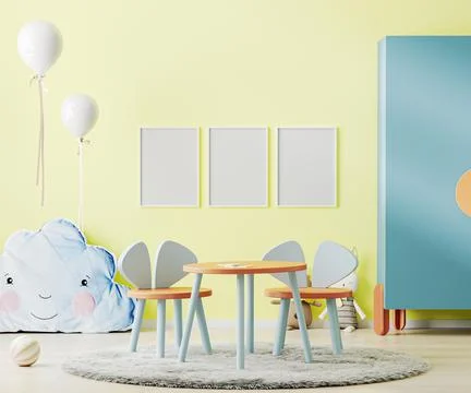 Poster frame mock up in bright yellow child room with table, toys and cupboar Stock Illustration