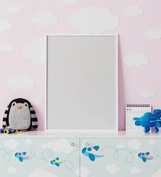 Poster frame mock up in children's room with pink wall with clouds, chest of  Stock Illustration