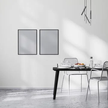 Poster frame mock up in modern dining room interior with black table and chai Illustrazione stock