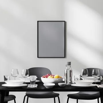 Poster frame mock up in modern dining room interior with black table and chai Stock Illustration