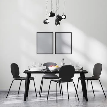 Poster frame mock up in modern dining room interior with black table and chai Illustrazione stock