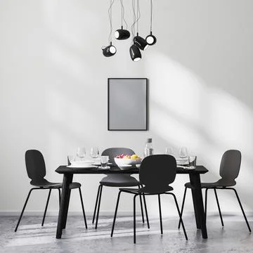 Poster frame mock up in modern dining room interior with black table and chai Illustrazione stock