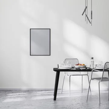 Poster frame mock up in modern dining room interior with black table and chai Illustrazione stock