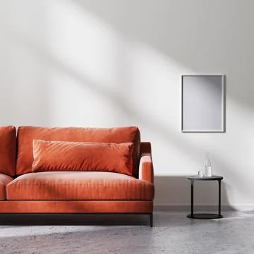 Poster frame mock up with red sofa, black coffee table with white empty wall  Stock Illustration