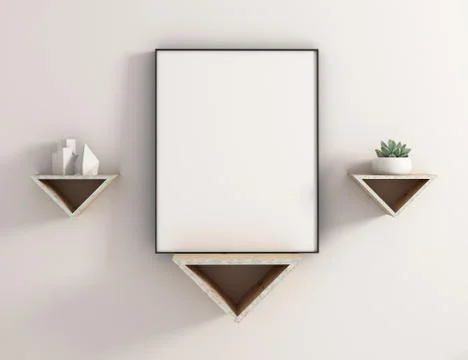 Poster Frame Mockup on floating riangle shelve. Stock Illustration