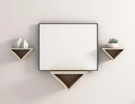 Poster Frame Mockup landscape on floating triangle shelve Stock Illustration