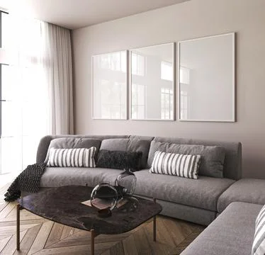 Poster frame mockup in modern home interior background with sofa, table and Ilustración de archivo