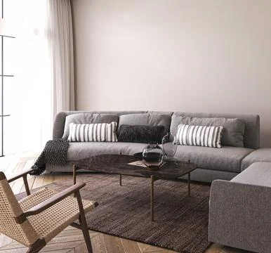 Poster frame mockup in modern home interior background with sofa, table and Stock-Illustration