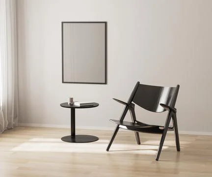 Poster frame mockup on white wall, black chair and coffee table, 3d render Illustrazione stock