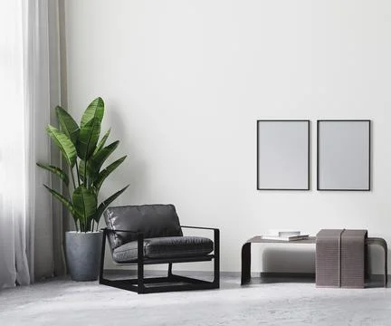 Poster frame in modern room interior in gray tones, white empty wall mock up, Stock Illustration