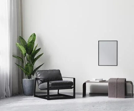 Poster frame in modern room interior in gray tones, white empty wall mock up, Stock Illustration