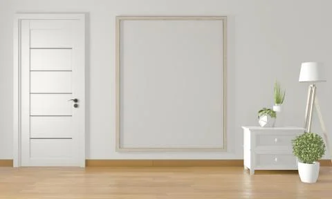 Poster frame on white wall and white door and decoration minimal design.3D re Stock Illustration