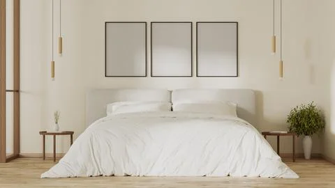 Poster frames mock up above bed in modern bedroom interior, 3d render Illustrazione stock