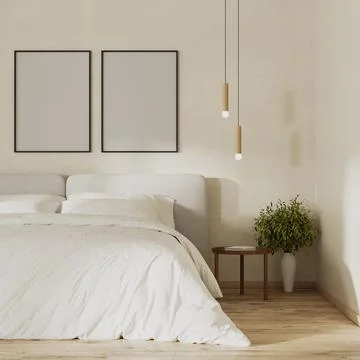 Poster frames mock up above bed in modern bedroom interior, 3d render Illustrazione stock