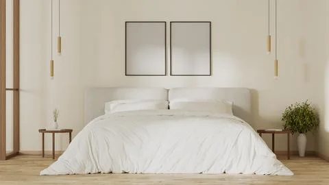 Poster frames mock up above bed in modern bedroom interior, 3d render Stock Illustration