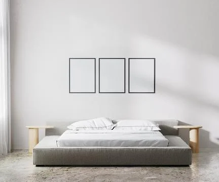 Poster frames mock up in bedroom interior, scandinavian style, 3d render Stock Illustration