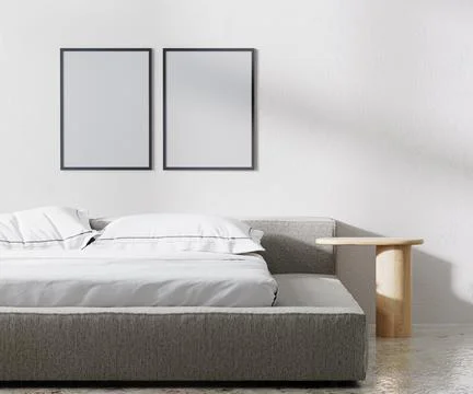 Poster frames mock up in bedroom interior, minimalist style, white wall, 3d r Stock Illustration